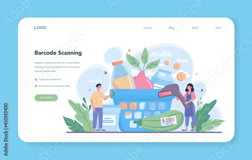 Cashier web banner or landing page. Worker behind the cashier counter