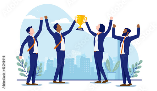 Diverse business teamwork winners - Group of businesspeople standing with arms raised winning trophy and celebrating. Success concept. Vector illustration with white background.