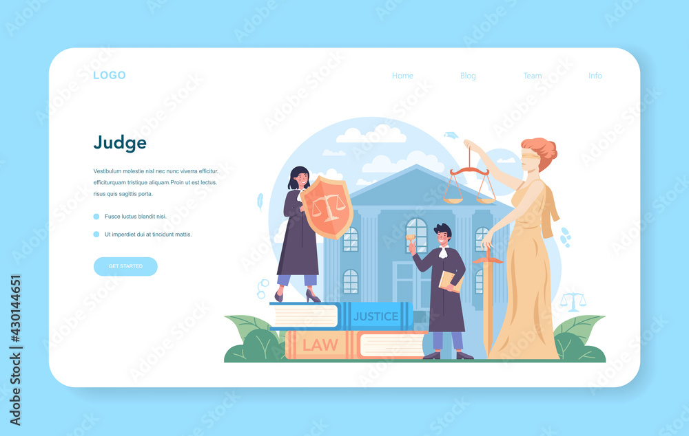 Judge web banner or landing page. Court worker stand for justice Judge web banner or landing page. Court worker stand for justice