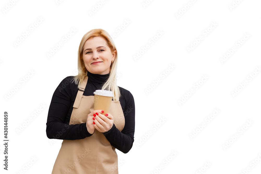 Woman in apron packaging products in paper bags for sale in workshop on white background. Small business concept.