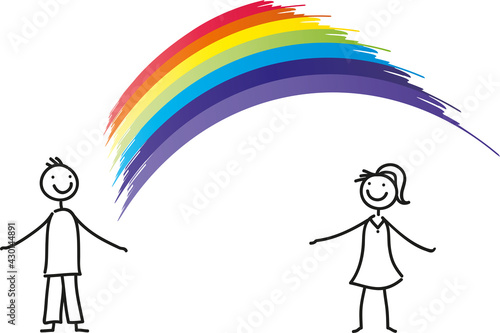 lgtbq - Junges Paar mit Regenbogen - in eine aussichtsreiche Zukunft schauen und Freude haben, gemeinsam handeln und leben