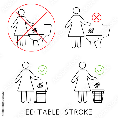 Do not flush sanitary towels in the toilet. Do not throw items down the lavatory. Please do not flush paper towels, sanitary products, icons. Prohibition icons. Stop pollution in the toilet