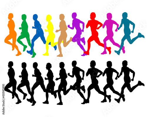 Young athletes run a marathon. Isolated silhouettes on white background