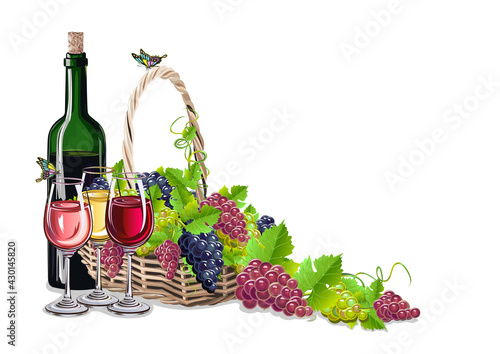 Wine and grapes realistic vector still life for poster, invitation, menu or internet decoration. Autumn harvest and delicious food and drink.