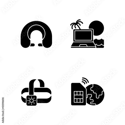 Nomadic lifestyle black glyph icons set on white space. Roadtrip gear. Headlamp, global sim card. Camping trip necessities. Summer vacation. Silhouette symbols. Vector isolated illustration