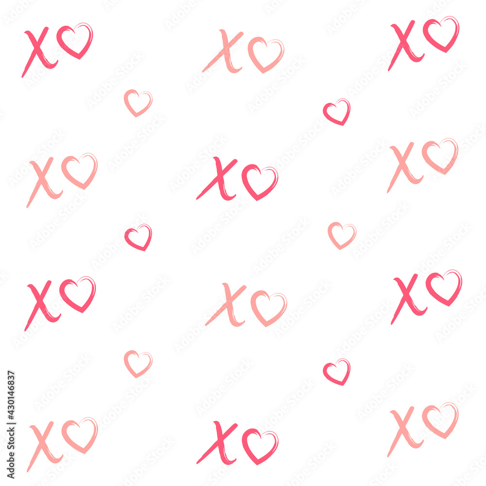 Hand drawn vector seamless pattern with XOXO on red background. Hipster symbols of hugs and kisses. Good for cards, wallpaper, posters, wrapping paper, Valentine's invitations
