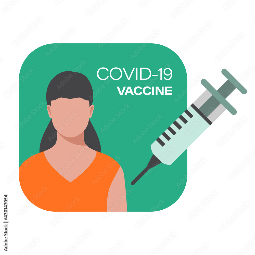 Naklejka premium Covid-19 coronavirus vaccination. Woman, girl - adults patients and children. Medical syringe injection and vaccine. Concept for medicine. Vector illustration.