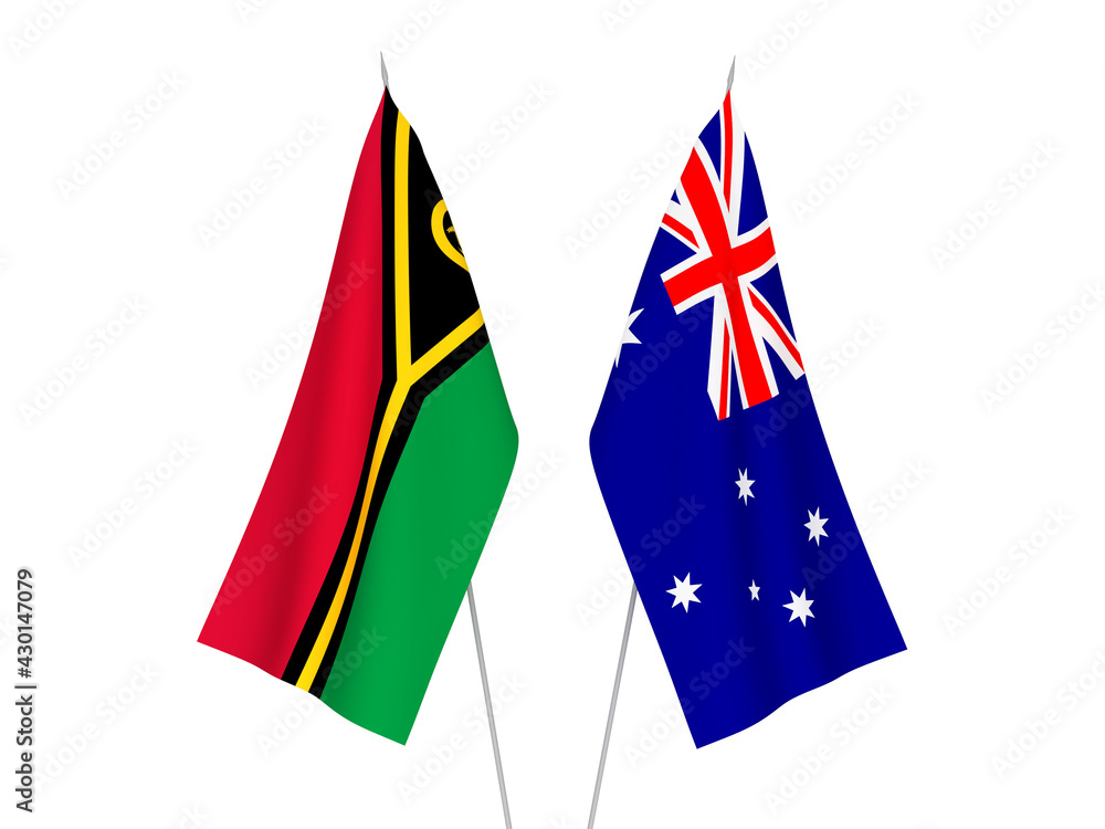 National fabric flags of Australia and Republic of Vanuatu isolated on white background. 3d rendering illustration.