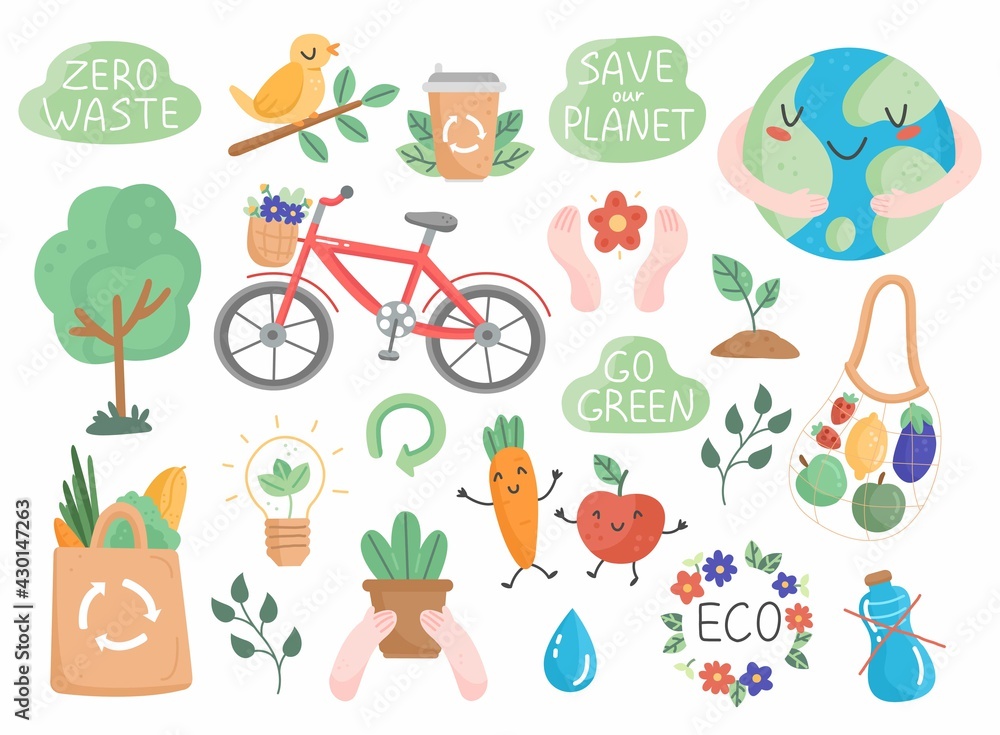 Eco set in cartoon cute style. Collection of eco friendly design elements. Vector illustration isolated on background. Eco set in cartoon cute style. Collection of eco friendly design elements. Vector illustration isolated on background.
