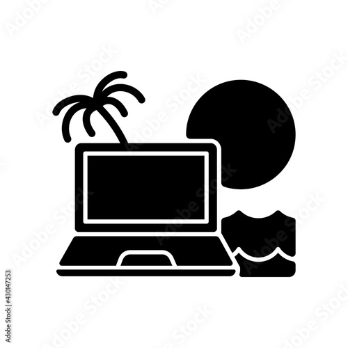 Digital nomad black glyph icon. Freelancer laptop. Remote job. Recreational trip and retreat. Nomadic lifestyle. Summer vacation. Silhouette symbol on white space. Vector isolated illustration
