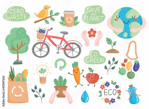 Eco set in cartoon cute style. Collection of eco friendly design elements. Vector illustration isolated on background.