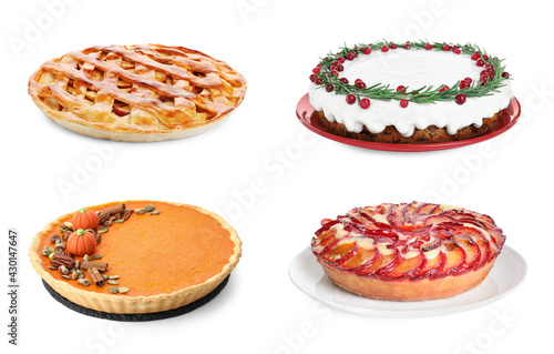 Set with different delicious pies on white background