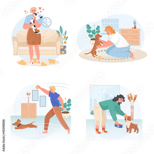Pets with their owners concept scenes set. Woman hugging cat, feeding puppy, man playing toy with dog. Animal care. Collection of people activities. Vector illustration of characters in flat design
