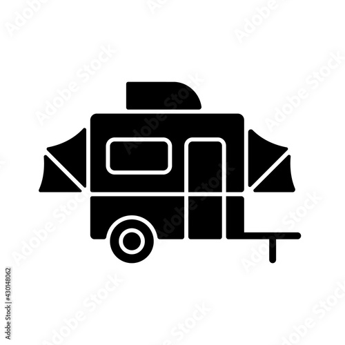 Pop up camper black glyph icon. Campground for tourist to rest. Recreational vehicle. Roadtrip gear. Nomadic lifestyle. Summer vacation. Silhouette symbol on white space. Vector isolated illustration