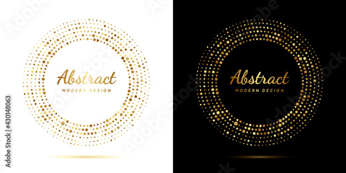 Circle gold dot frame. Luxury circular border with effect halftone. Elegant sphere boarder. Modern golden ring. Faded dots. Shape round pattern. Delicate graphic element for design prints. Vector