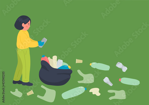 Kid cleans up outdoors. Child picks trash. Ecological, environment, earth care concepts