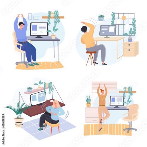 Different people exercise in workplace bedroom concept scenes set. Employees doing warm up, stretching in office. Collection of human activities. Vector illustration of characters in flat design