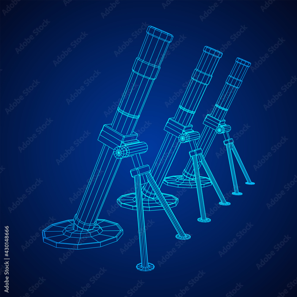 Firearm weapon army mortar and mine. Wireframe low poly mesh vector illustration Firearm weapon army mortar and mine. Wireframe low poly mesh vector illustration
