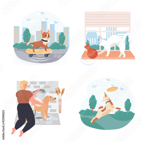 Different situations in life of pets concept scenes set. Owner washing dog, rides skateboard, cat knocking off vase. Collection of people activities. Vector illustration of characters in flat design