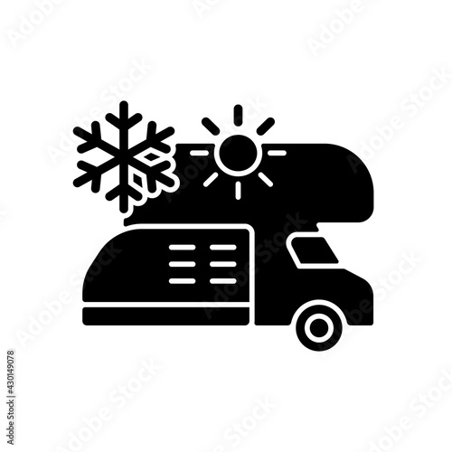 RV air conditioning and heating black glyph icon. Climate control for trailer. Van technology. Roadtrip gear. Nomadic lifestyle. Silhouette symbol on white space. Vector isolated illustration