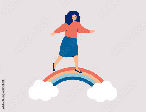 Happy woman walks on the rainbow. Smiled girl creates good vibe around her. Smiling female character enjoys her freedom and life. Body positive and balance concept