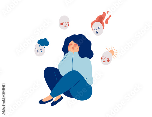 Tired woman holds masks with positive and negative emotions. Girl plays a role, or feels fake.  Personality change Disorder concept. Vector illustration. photo