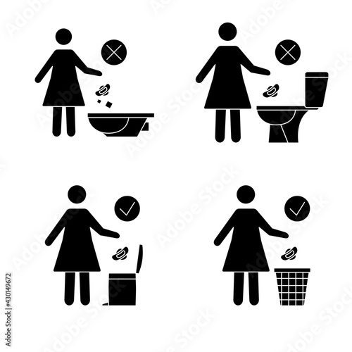 Do not litter in the toilet. Toilet no trash. Women throw sanitary towels in the lavatory. Please do not flush paper towels, sanitary products. Prohibition icons. Vector