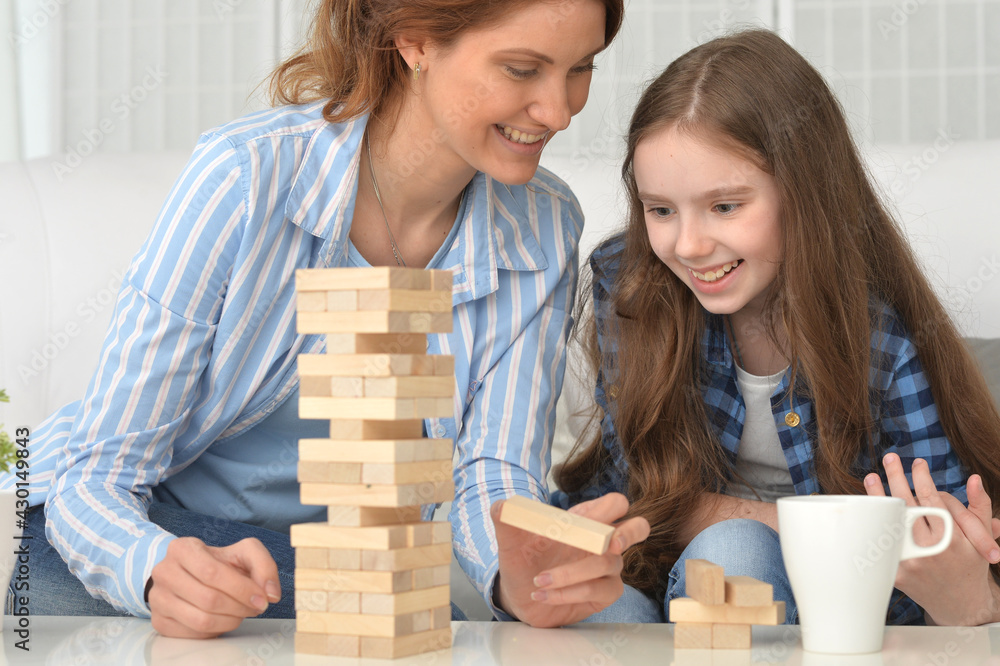 Happy girl and mother playing with blocks at home Happy girl and mother playing with blocks at home