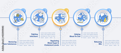 Liver roles vector infographic template. Toxic substances removal presentation design elements. Data visualization with 5 steps. Process timeline chart. Workflow layout with linear icons