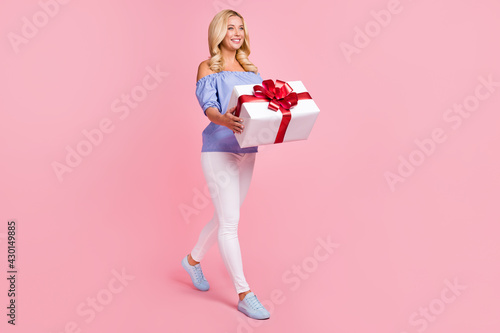 Full length body size view of attractive cheerful wavy-haired woman carrying giftbox isolated over pink pastel color background