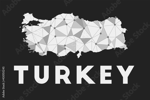 Turkey - communication network map of the country. Turkey trendy geometric design on a dark background. Technology, internet, network, telecommunication concept. Vector illustration.