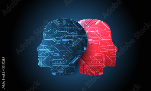 Abstract background on the theme of artificial intelligence. Head shape with technological elements inside the contour.