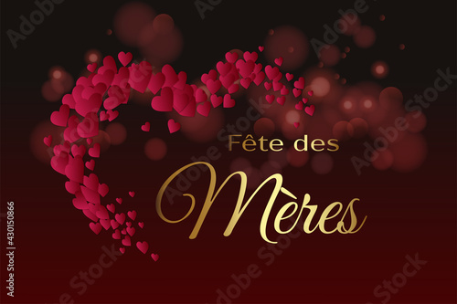 carte ou bandeau sur la Fête des Mères en or avec un demi coeur composé de petits coeurs rose sur un fond marron avec des ronds en effet bokeh