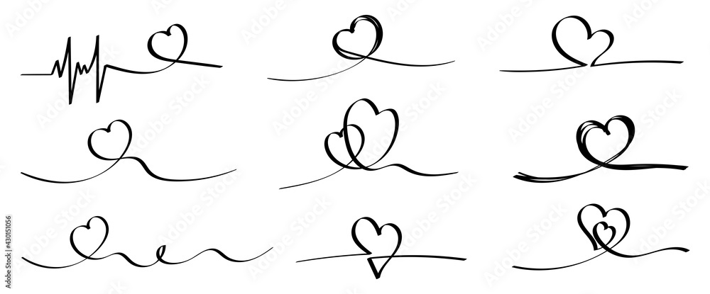 Set of nine thin ribbons with hearts. Decoration for postcards. Set of nine thin ribbons with hearts. Decoration for postcards.