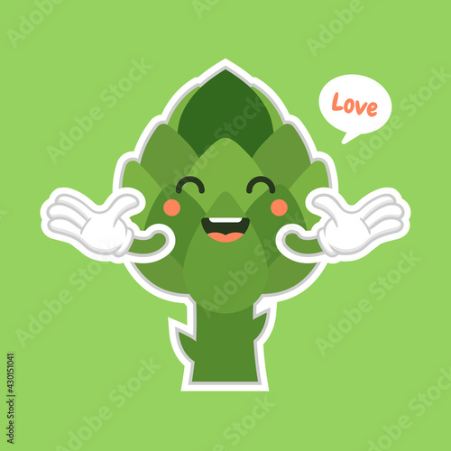 cute and kawaii artichoke Cartoon Vegetable Food Character Emoji Vector Illustration. healthy food, nutrients, diet. Vitamins and minerals. Health benefits of vegetable. Funny character.