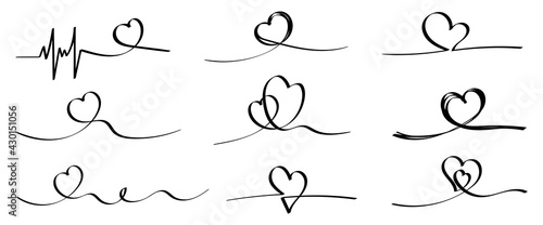 Set of nine thin ribbons with hearts. Decoration for postcards.