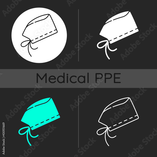 Surgical cap dark theme icons set. Protective wear from infection. Doctor uniform. Quarantine safety. Disposable PPE. Linear white, solid glyph and RGB color styles. Isolated vector illustrations