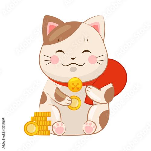 White Maneki-neko Cat with Collar Holding Red Sack as Ceramic Japanese Figurine Bringing Good Luck Vector Illustration