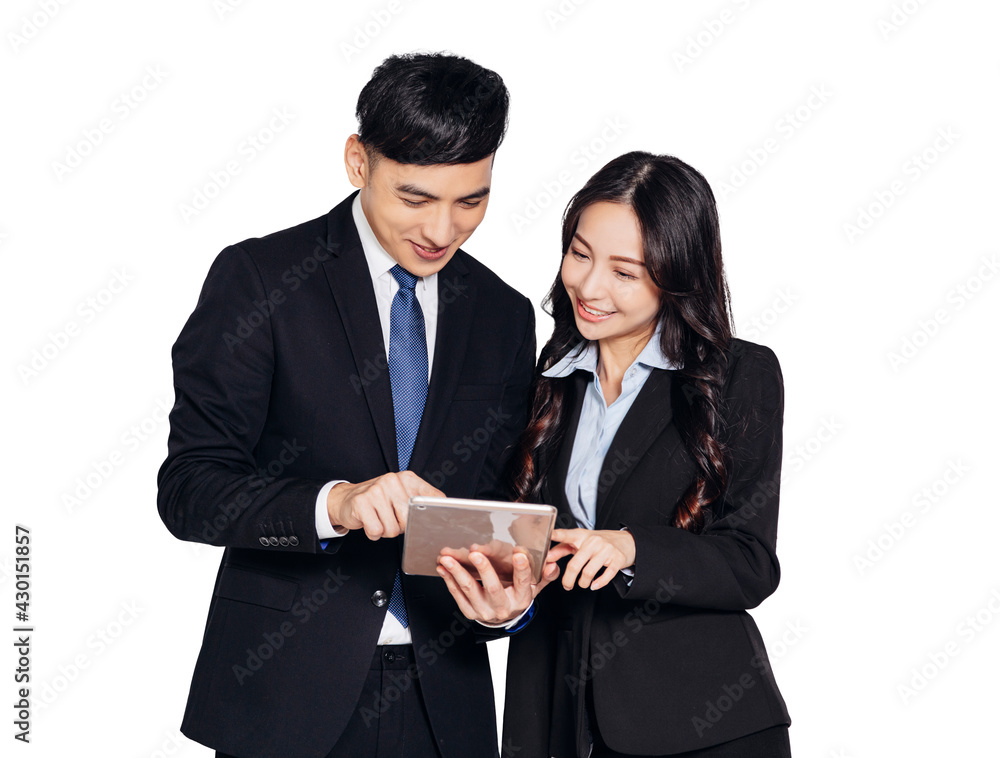 successful asian young business man and woman looking at tablet successful asian young business man and woman looking at tablet