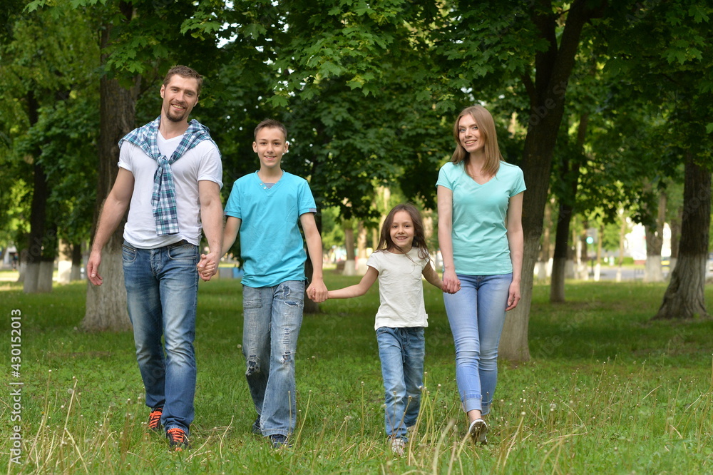 Portrait of happy young family in summer  park