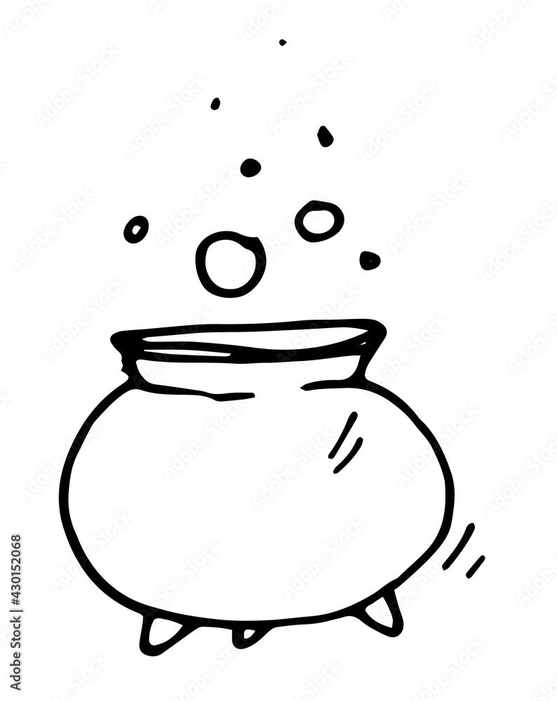 a magic cauldron with bubbles in the air. vector isolated element of a witch's cauldron on three legs with potion puzzles hand drawn in doodle style with a black line on a white background for a desig a magic cauldron with bubbles in the air. vector isolated element of a witch's cauldron on three legs with potion puzzles hand drawn in doodle style with a black line on a white background for a desig