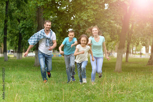 Portrait of happy young family running in summer park