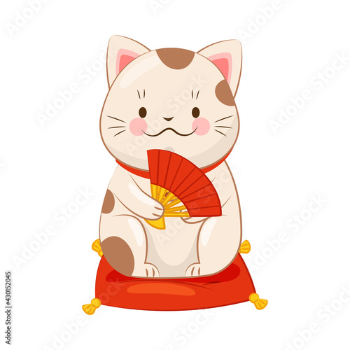 White Maneki-neko Holding Hand Fan with Paw as Ceramic Japanese Figurine Bringing Good Luck Vector Illustration