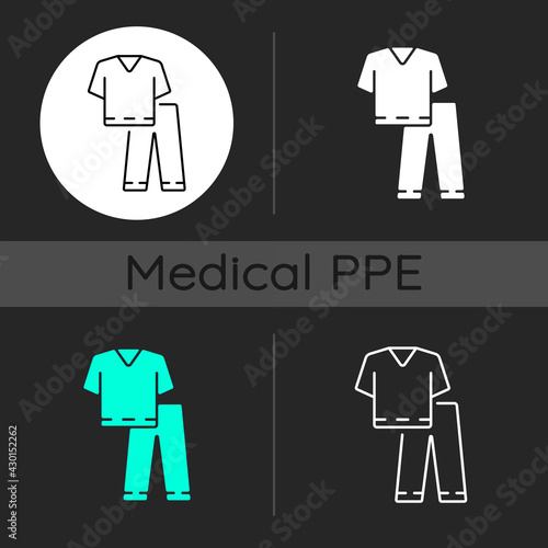 Scrub suit dark theme icons set. Suit to work in clinic. Protective wear for hospital professional. Disposable PPE. Linear white, solid glyph and RGB color styles. Isolated vector illustrations