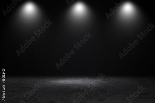 Product showcase with spotlight. Black studio room background. Use as montage for product display