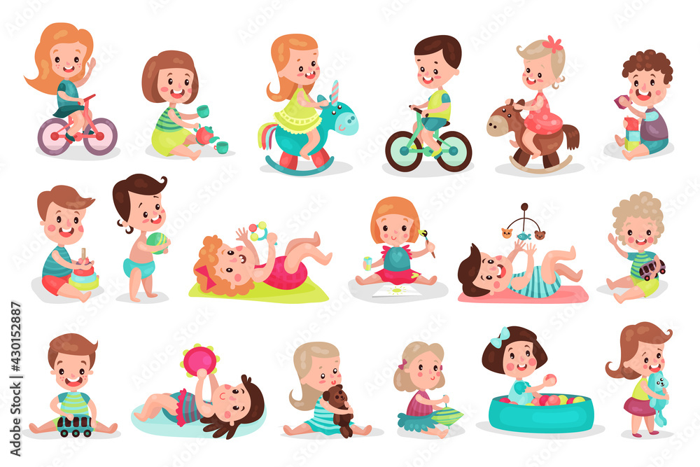 Baby Girl and Boy Playing with Toys and Riding Bicycle Vector Illustration Set Baby Girl and Boy Playing with Toys and Riding Bicycle Vector Illustration Set