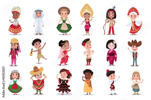 Children Wearing National Costumes of Different Countries Vector Illustration Set