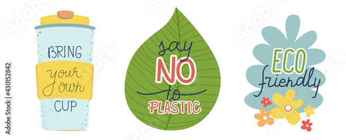 Bring your own cup. Say no to plastic. Ecology friendly shopping. Coffee takeaway, zero waste concept. Stickers