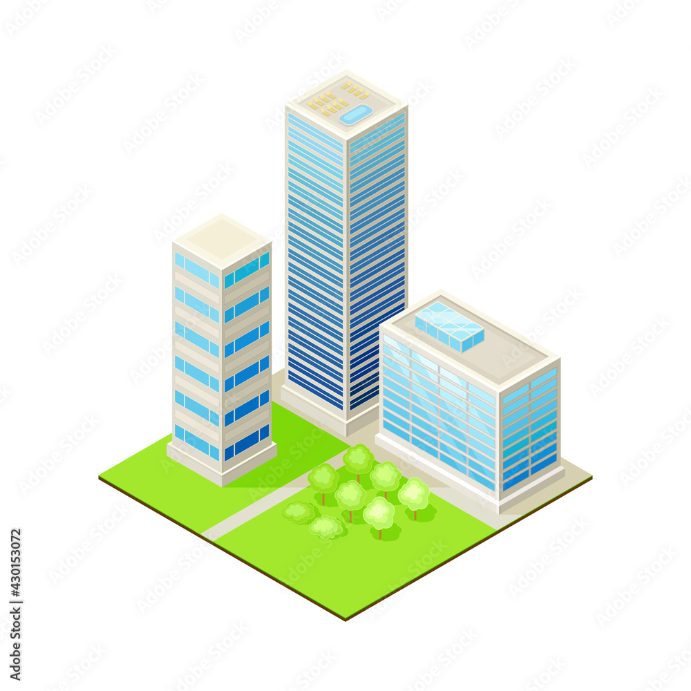 Isometric Cityscape with Skyscraper and Multistory Structure on Green Lawn Vector Illustration