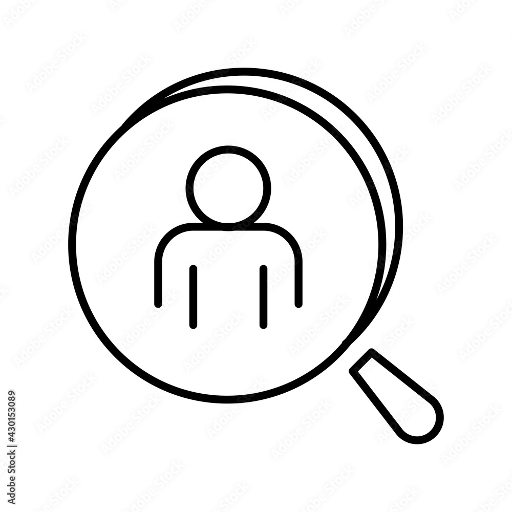 Monochrome simple staff recruit icon vector illustration. Magnifying glass looking for people Monochrome simple staff recruit icon vector illustration. Magnifying glass looking for people